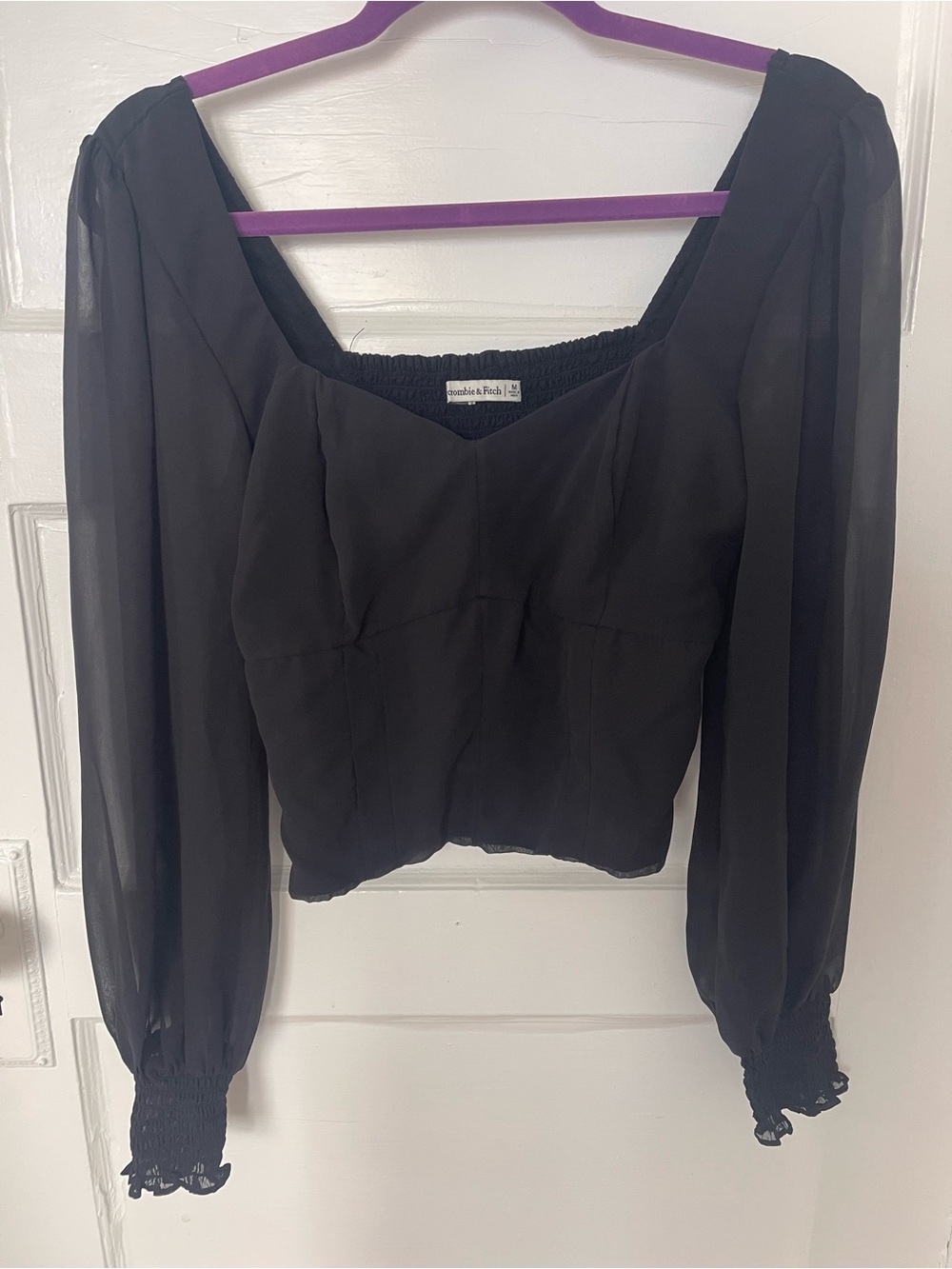 Abercrombie & Fitch Black Square-Neck Sheer-Sleeve Blouse